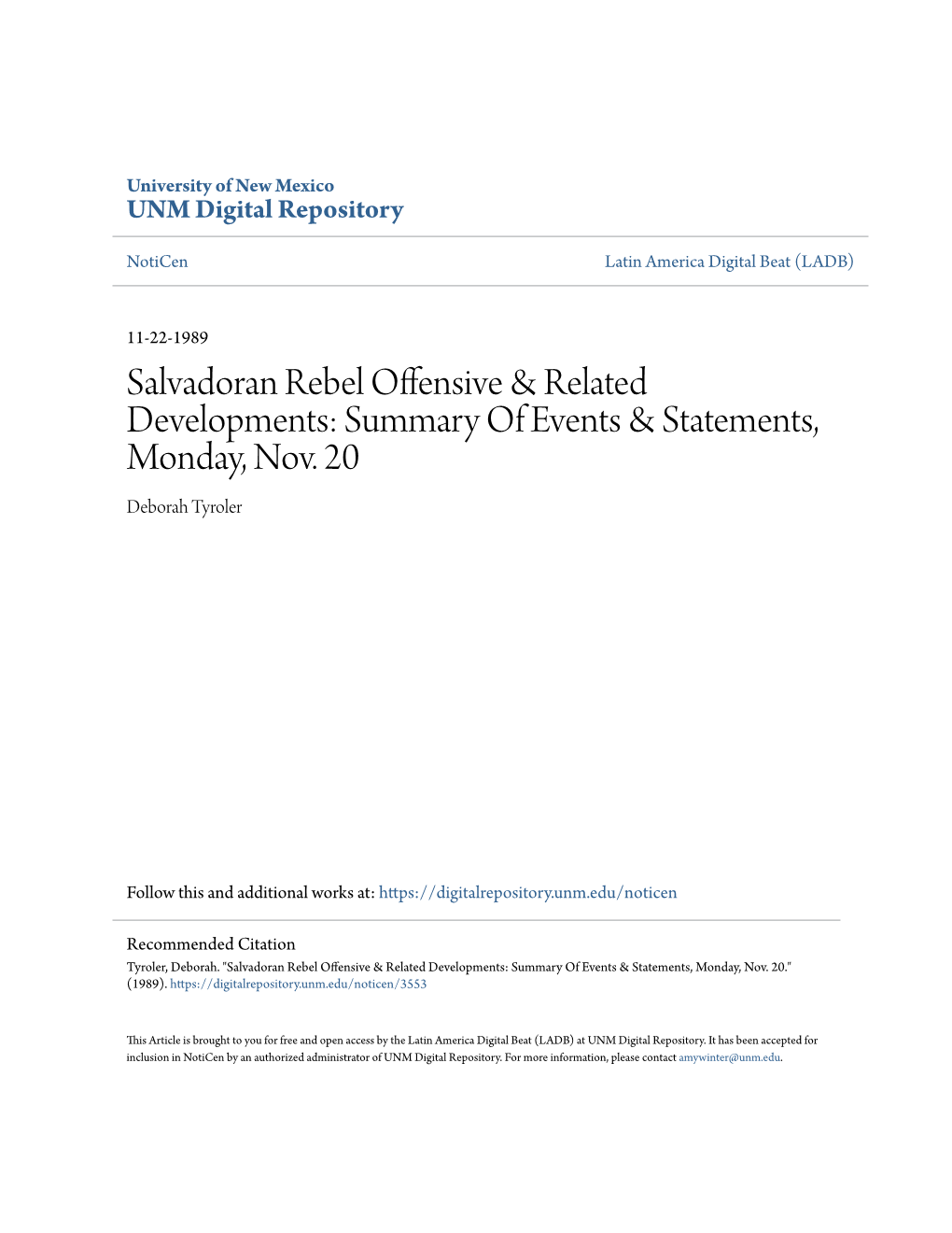 Salvadoran Rebel Offensive & Related Developments: Summary of Events & Statements, Monday, Nov