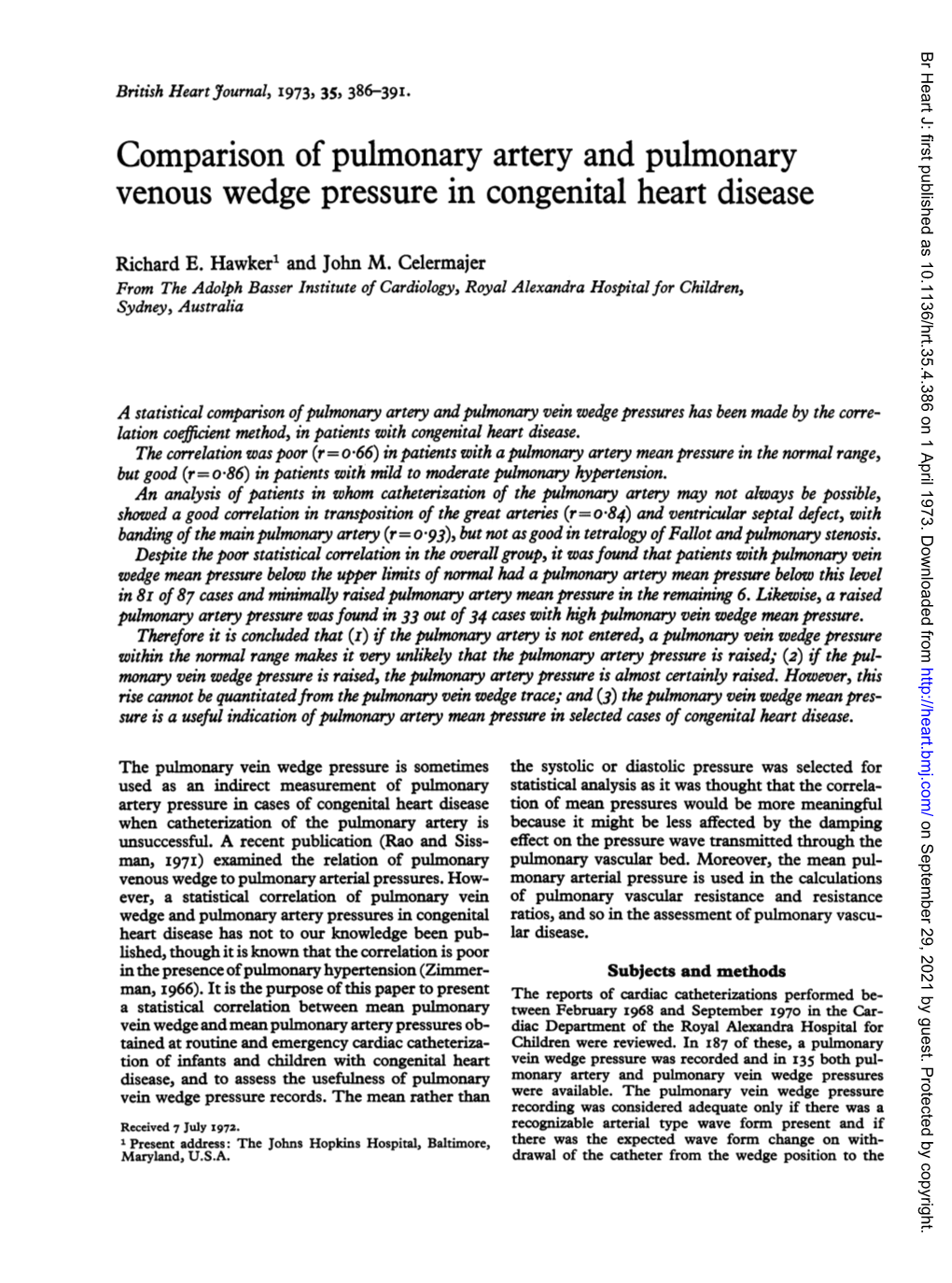 Comparison of Pulmonary Artery and Pulmonary Venous Wedge Pressure in Congenital Heart Disease