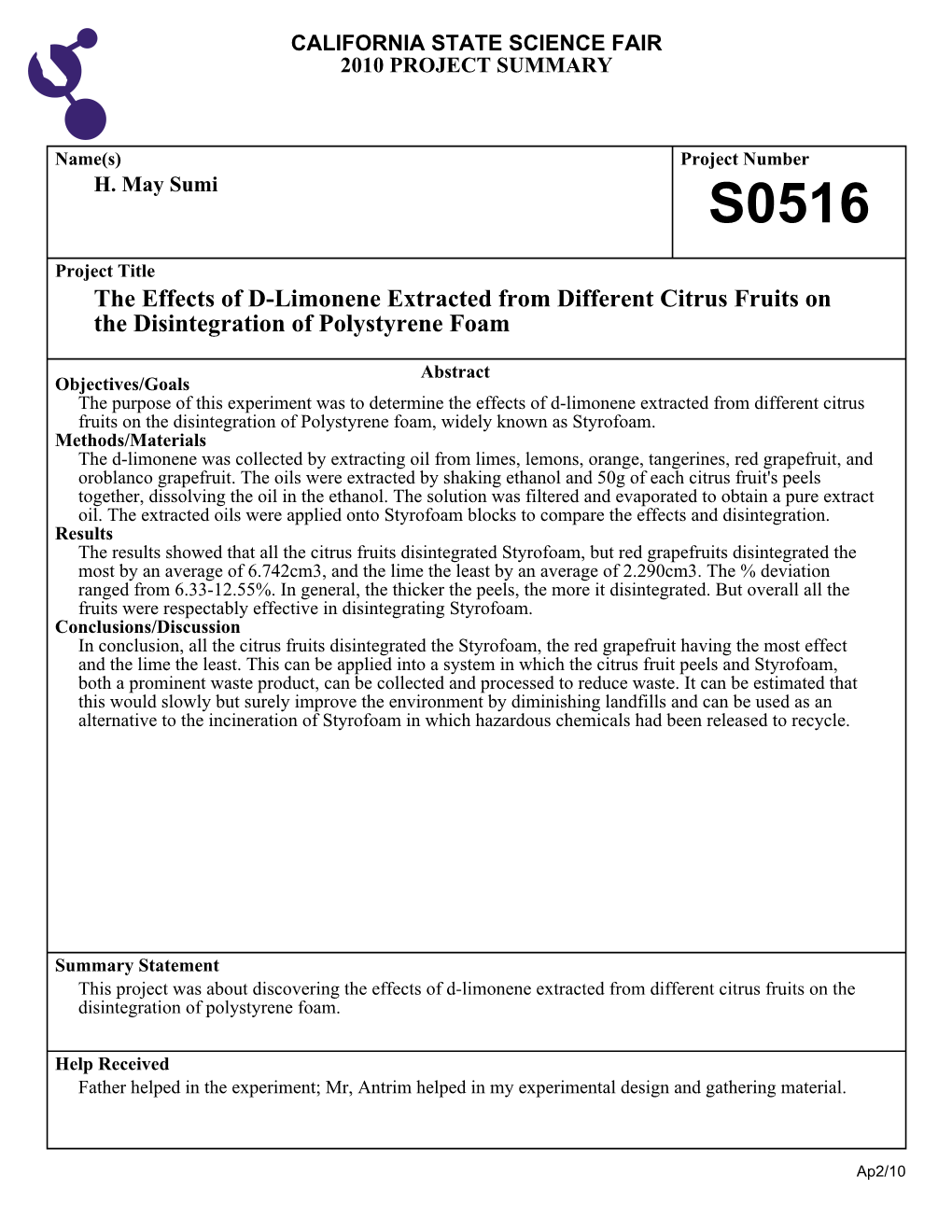 The Effects of D-Limonene Extracted from Different Citrus Fruits on the Disintegration of Polystyrene Foam