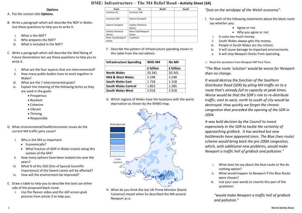 DME: Infrastructure – the M4 Relief Road - Activity Sheet (3A) Options from to North South “Foot on the Windpipe of the Welsh Economy”