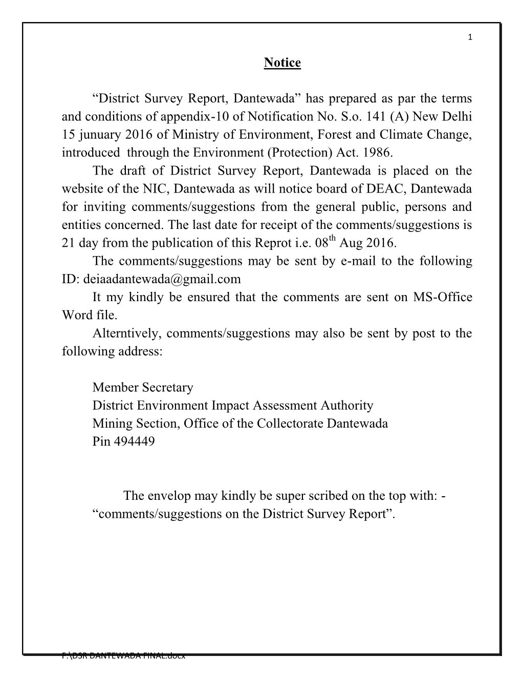 Notice “District Survey Report, Dantewada” Has Prepared As Par