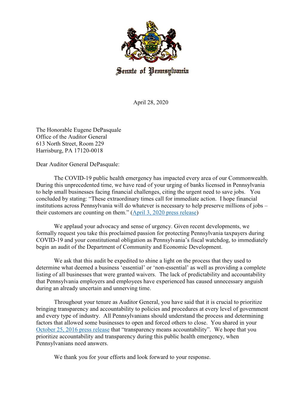 April 28, 2020 the Honorable Eugene Depasquale Office of the Auditor