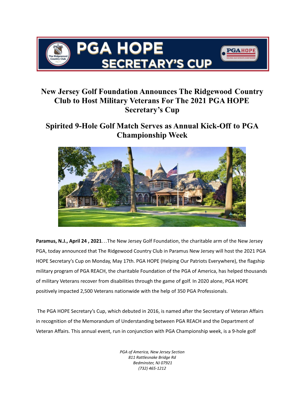The Ridgewood Country Club to Host 2021 PGA HOPE Secretary's Cup.Docx