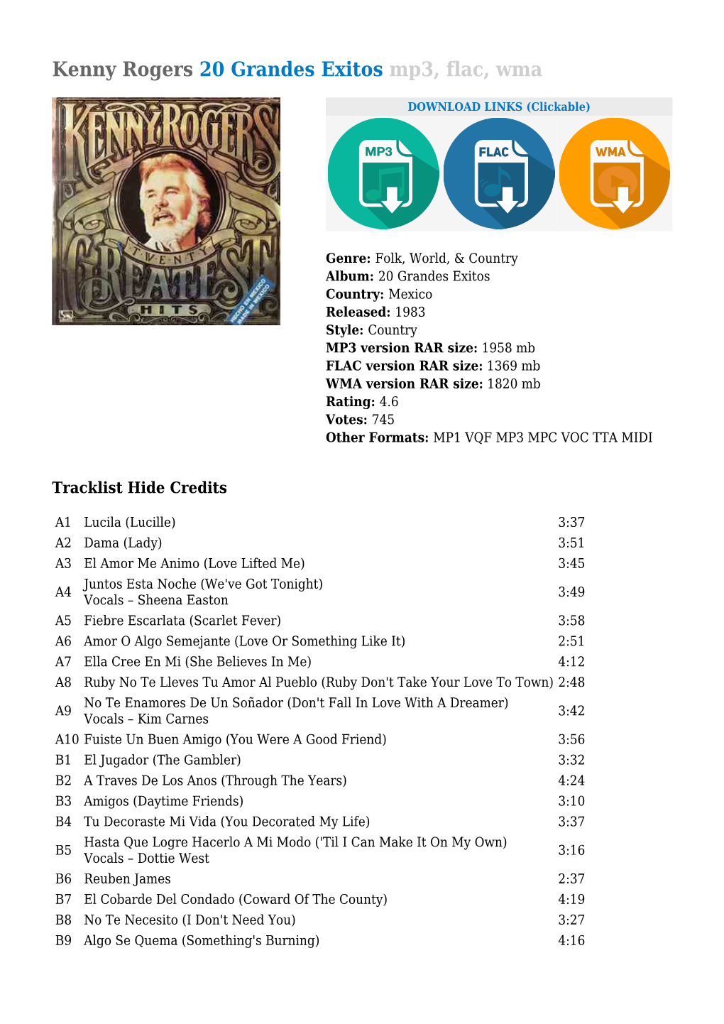 Kenny Rogers 20 Grandes Exitos Mp3, Flac, Wma