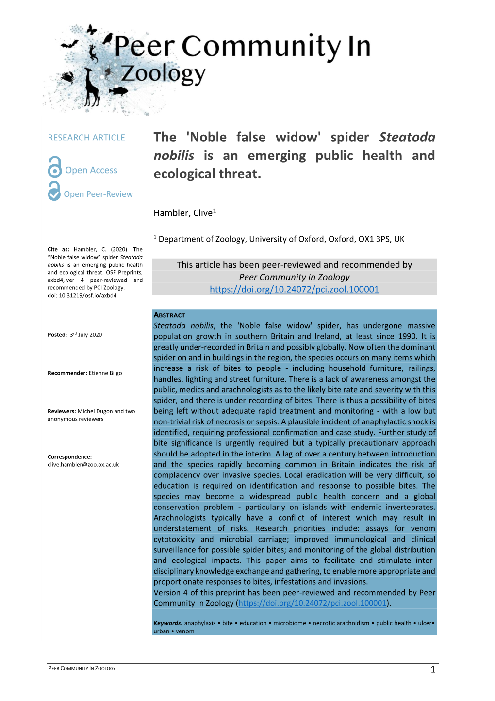 Noble False Widow' Spider Steatoda Nobilis Is an Emerging Public Health and Ecological Threat