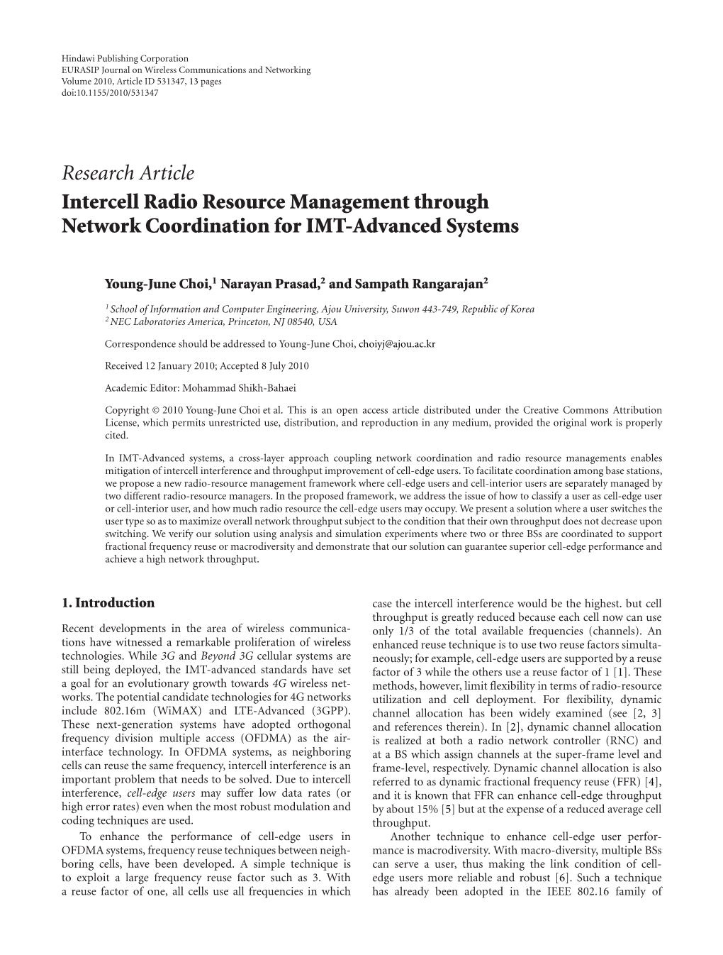 Research Article Intercell Radio Resource Management Through Network Coordination for IMT-Advanced Systems