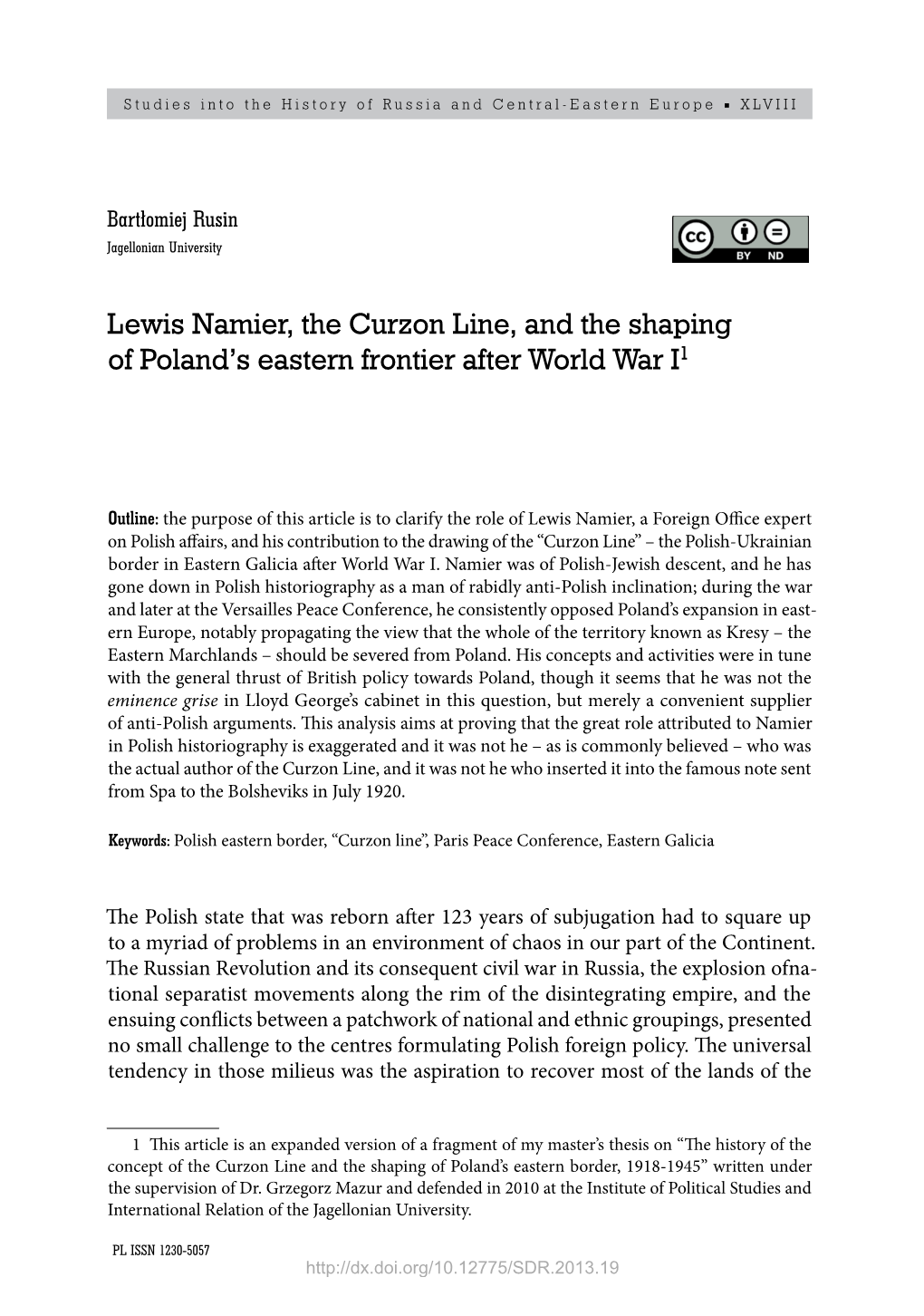 Lewis Namier, the Curzon Line, and the Shaping of Poland's Eastern