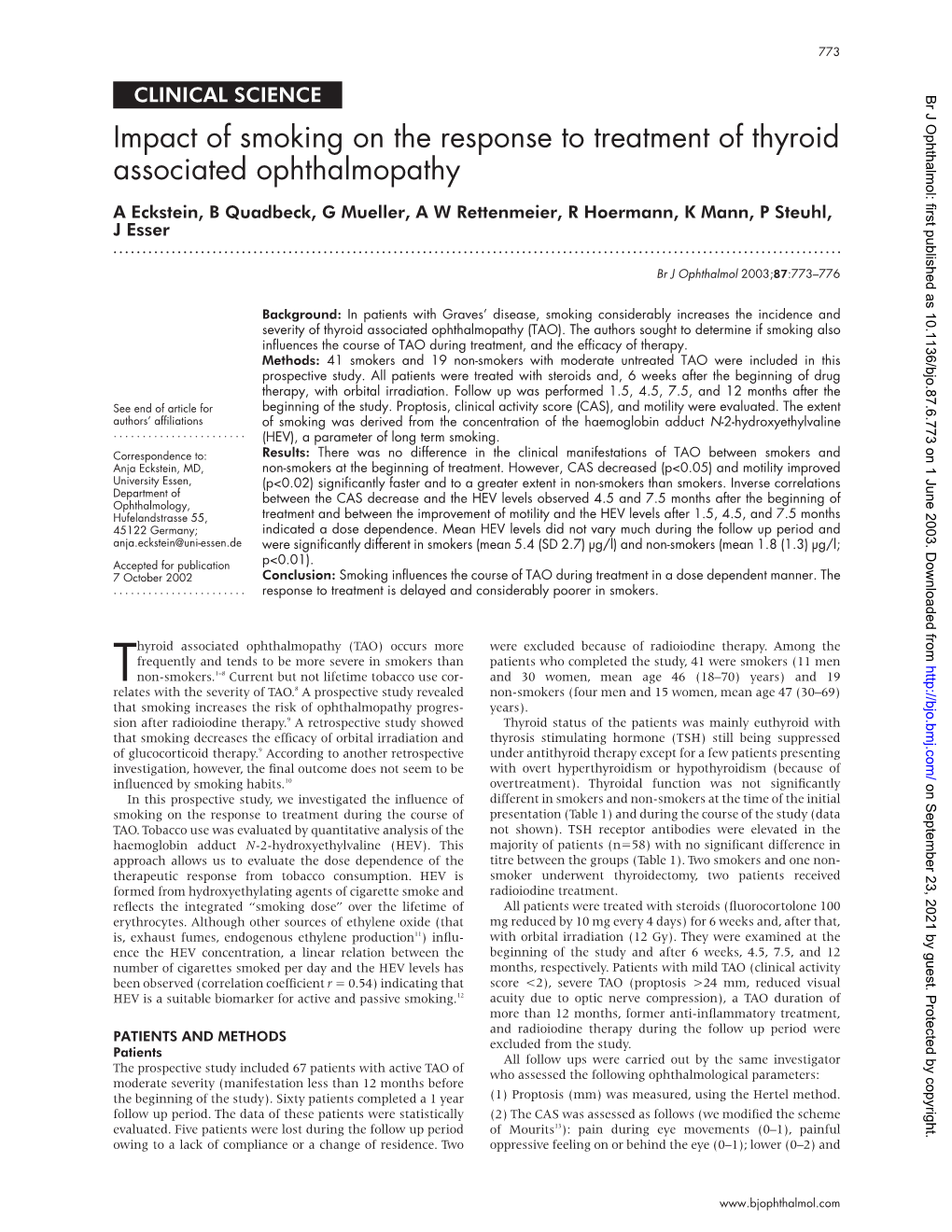 Impact of Smoking on the Response to Treatment of Thyroid Associated