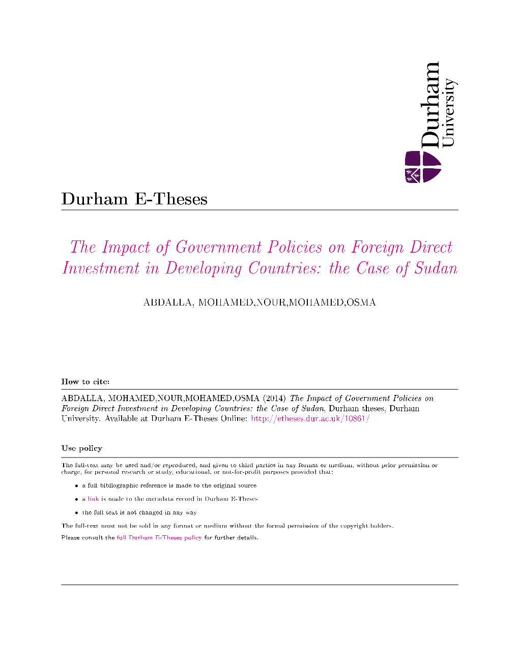 The Impact of Government Policies on Foreign Direct Investment in Developing Countries: the Case of Sudan