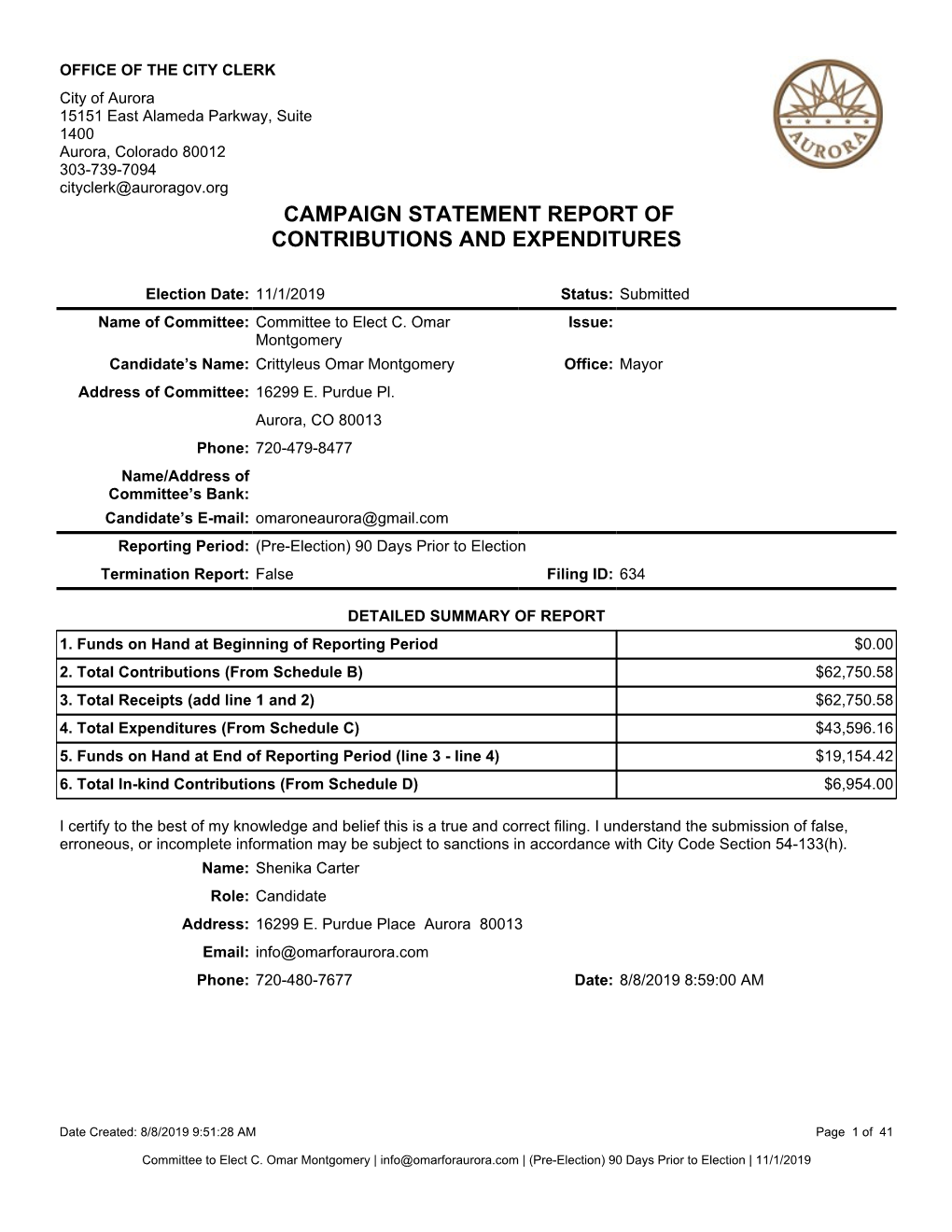 Campaign Statement Report of Contributions And