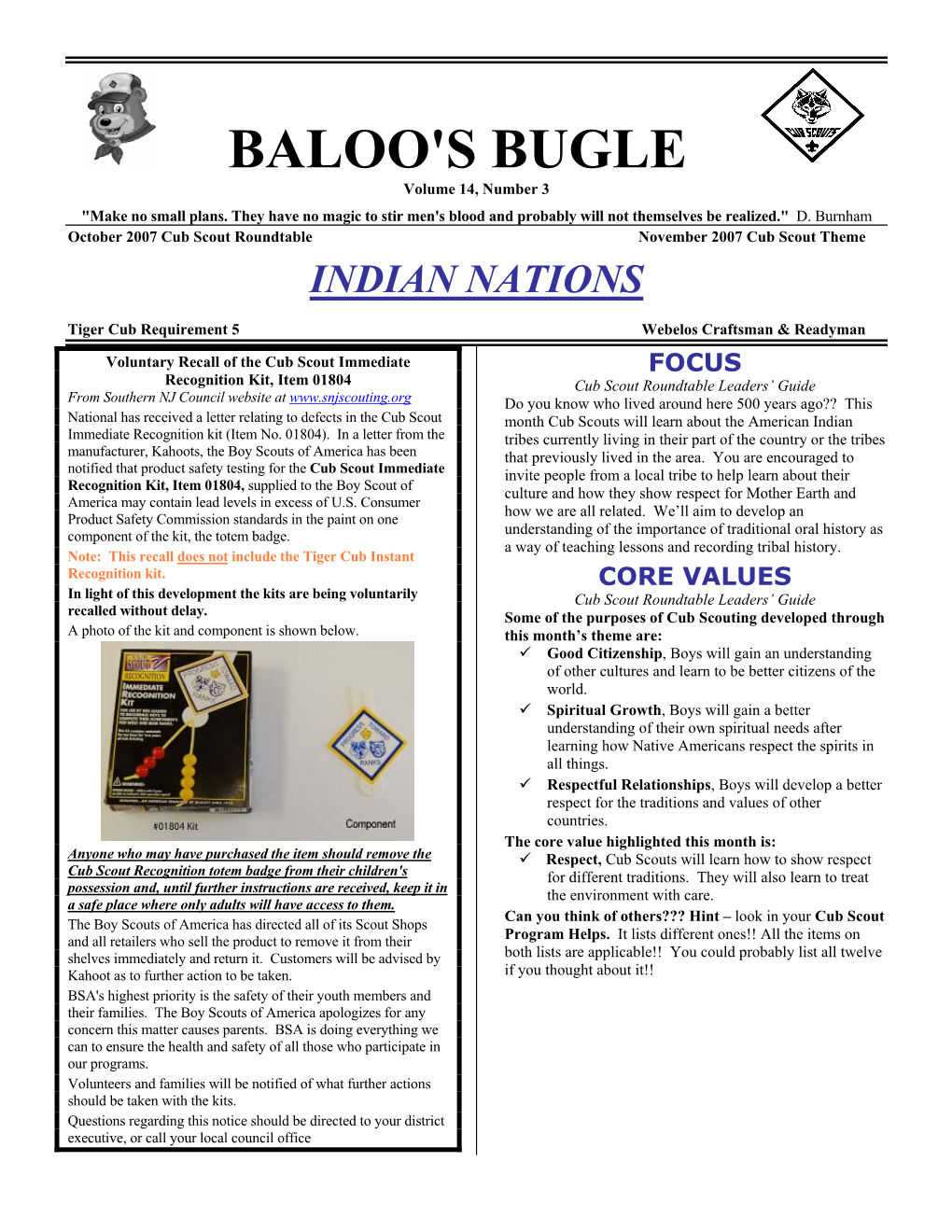 Voluntary Recall of the Cub Scout Immediate Recognition Kit, Item