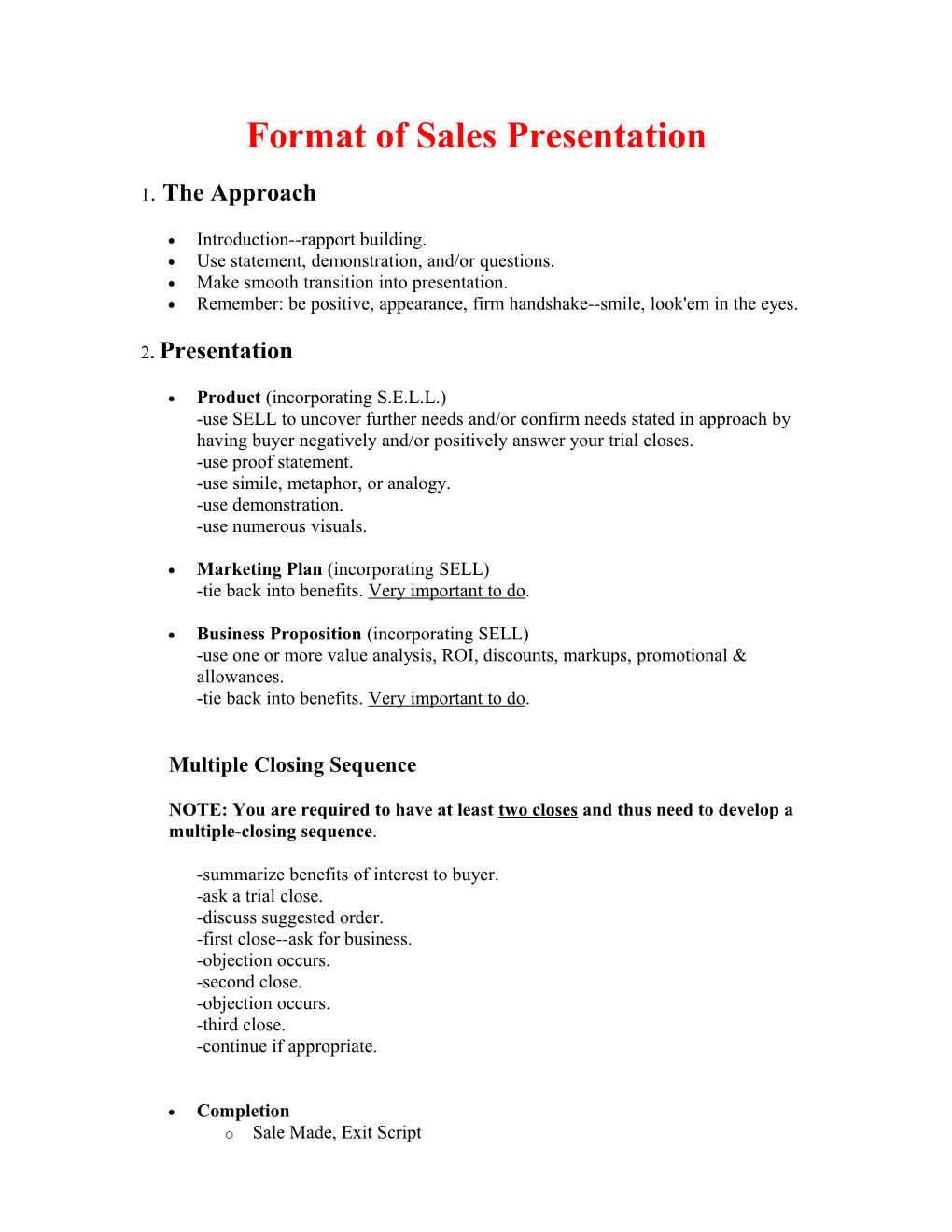 Format of Sales Presentation