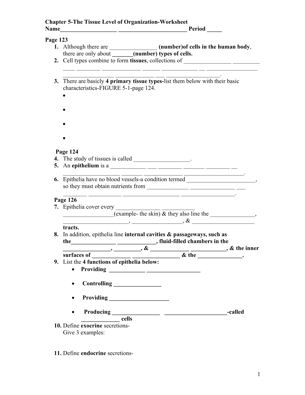 Chapter 5-The Tissue Level of Organization-Worksheet