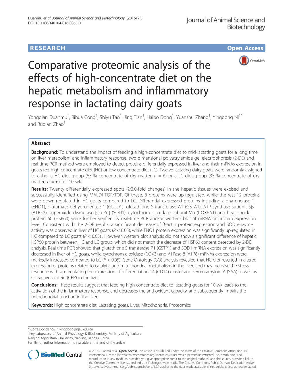 Comparative Proteomic Analysis of the Effects of High-Concentrate Diet On
