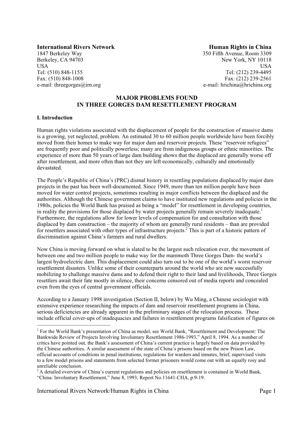 International Rivers Network/Human Rights in China Page 1