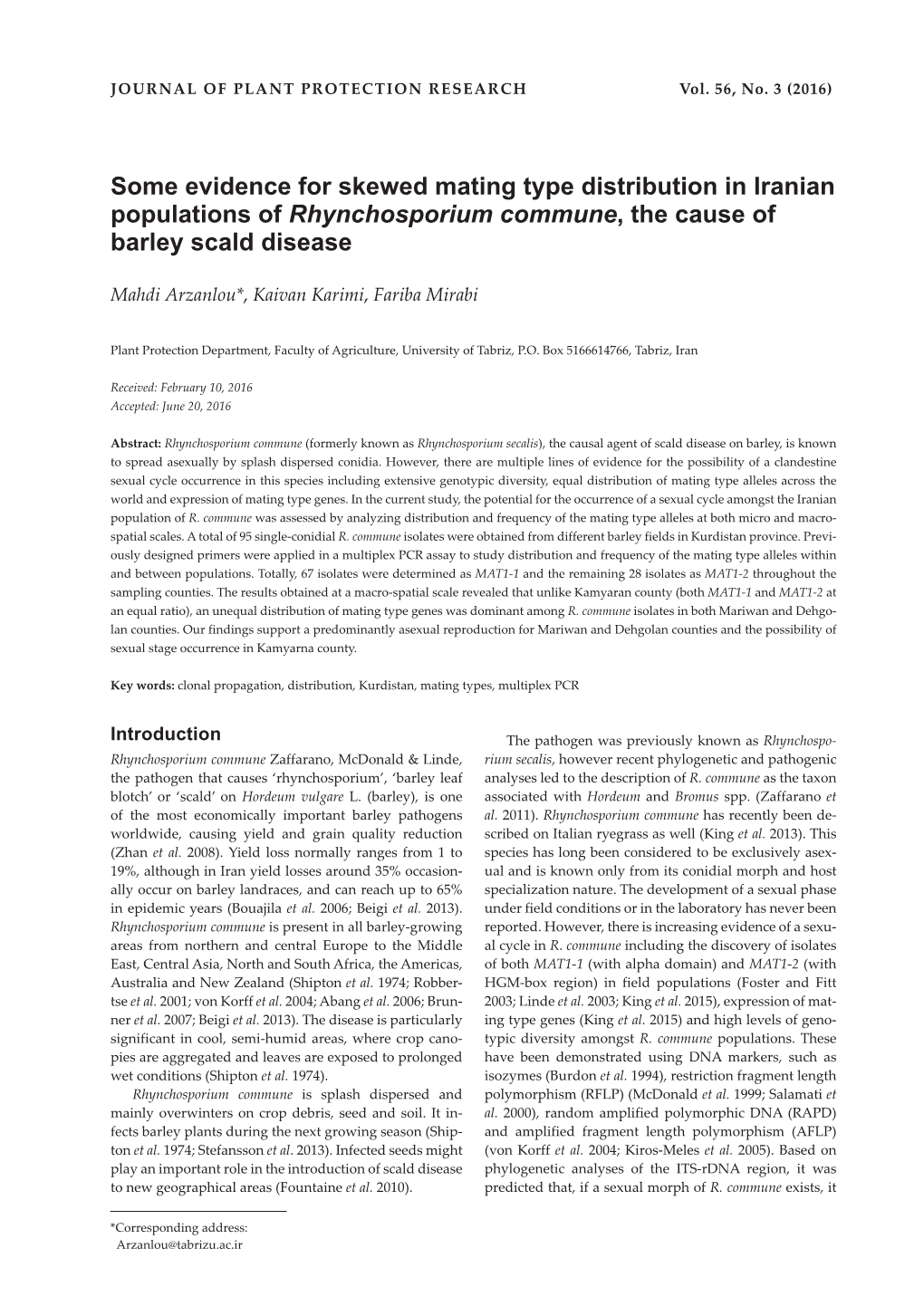 Some Evidence for Skewed Mating Type Distribution in Iranian Populations of Rhynchosporium Commune, the Cause of Barley Scald Disease