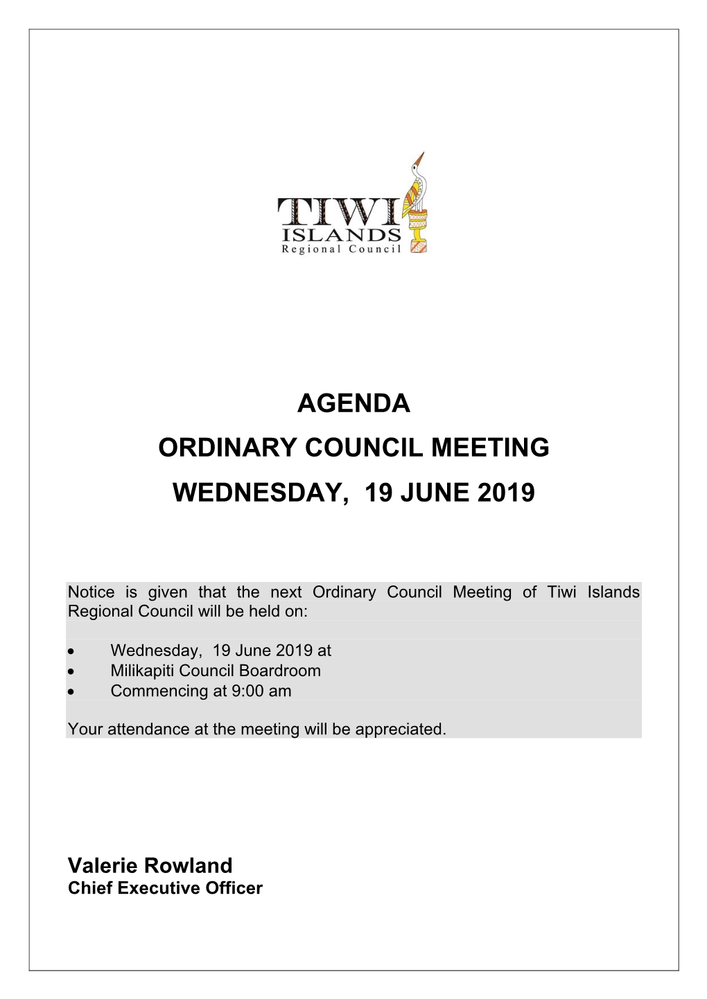 Agenda Ordinary Council Meeting Wednesday, 19 June