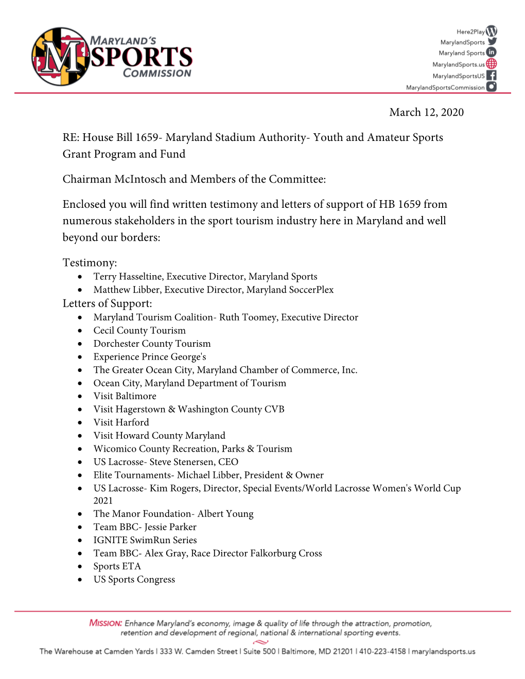 March 12, 2020 RE: House Bill 1659- Maryland Stadium Authority- Youth