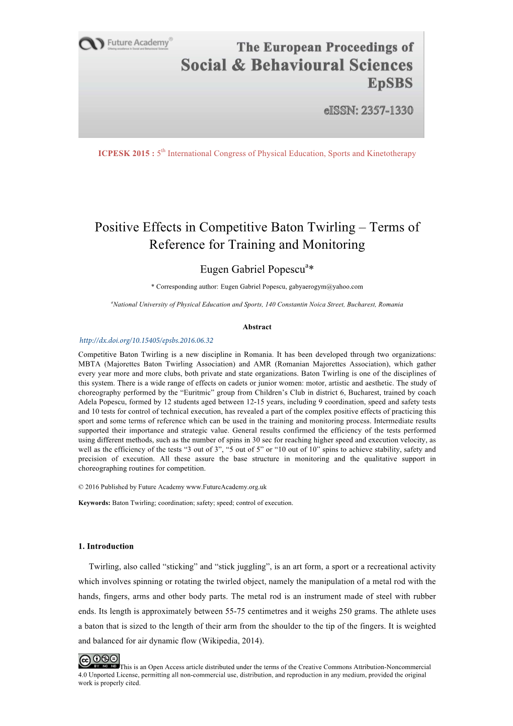 Positive Effects in Competitive Baton Twirling – Terms of Reference for Training and Monitoring