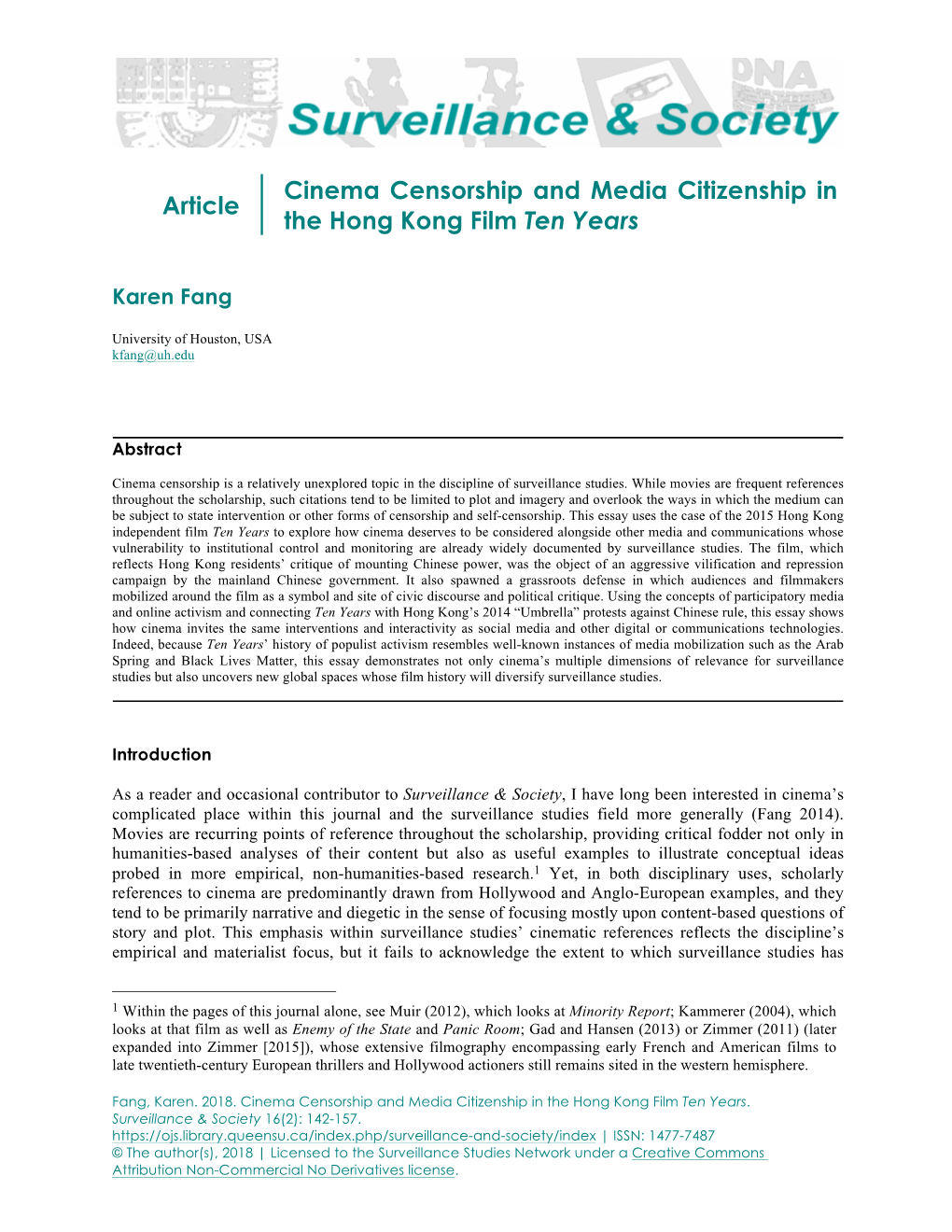 Article Cinema Censorship and Media Citizenship in the Hong Kong Film