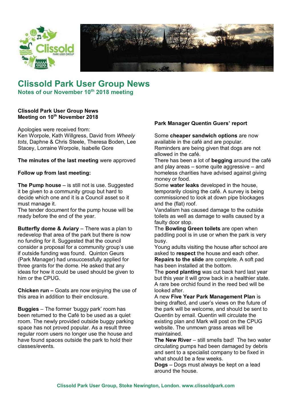 Clissold Park User Group News Notes of Our November 10Th 2018 Meeting