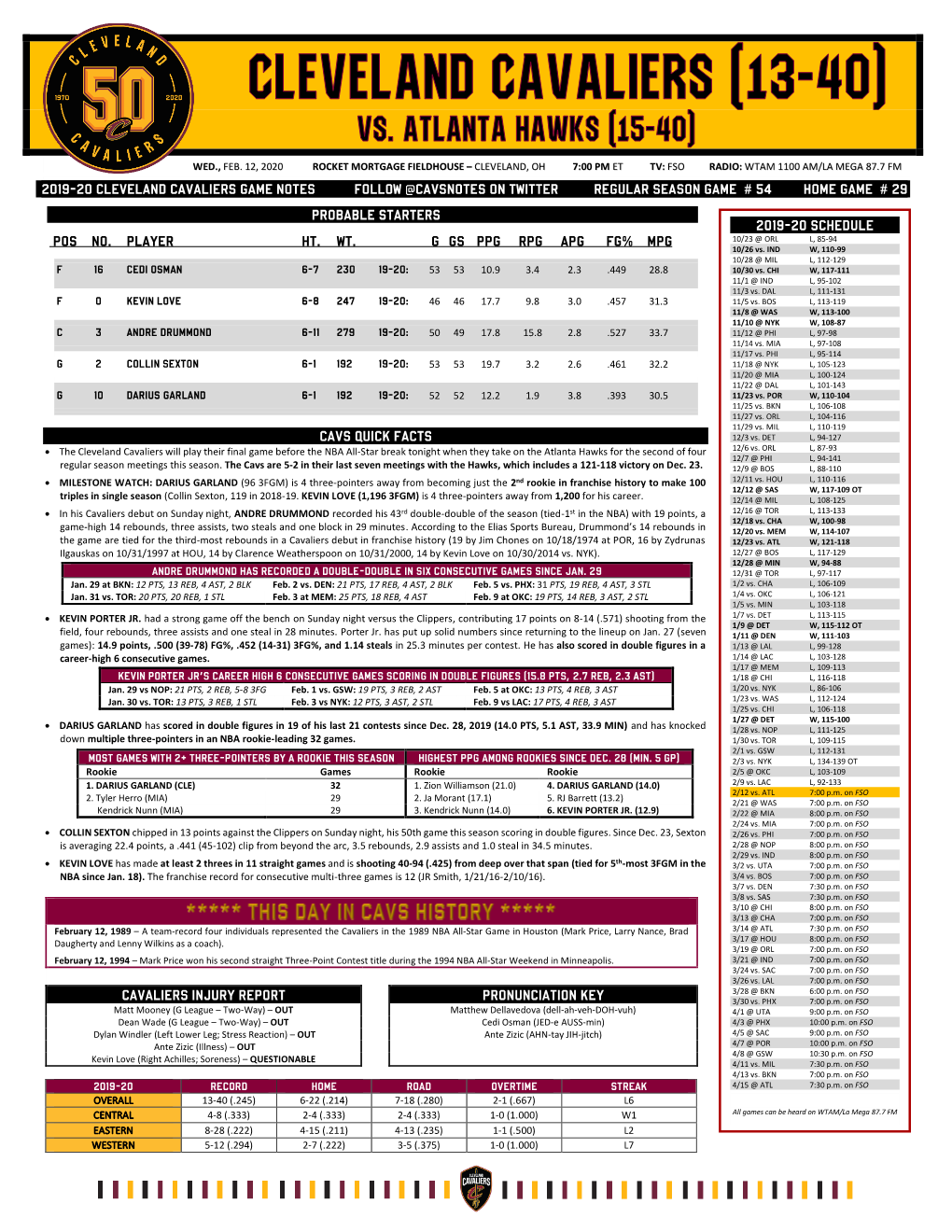 2019-20 Cleveland Cavaliers Game Notes Follow @Cavsnotes on Twitter Regular Season Game # 54 Home Game # 29