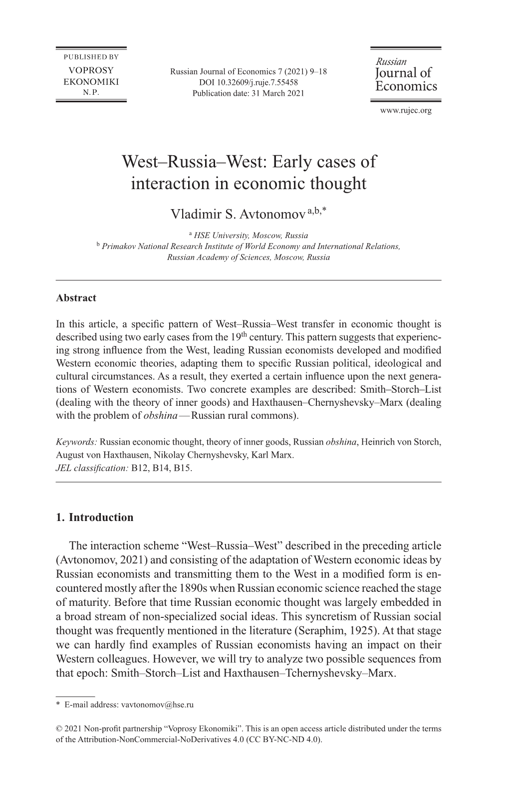 West–Russia–West: Early Cases of Interaction in Economic Thought Vladimir S