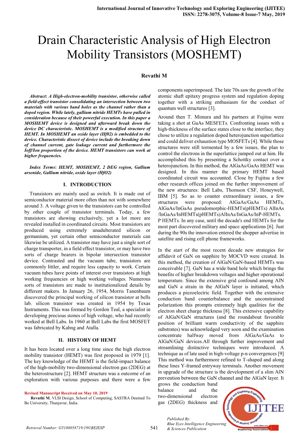 Drain Characteristic Analysis of High Electron Mobility Transistors (MOSHEMT)