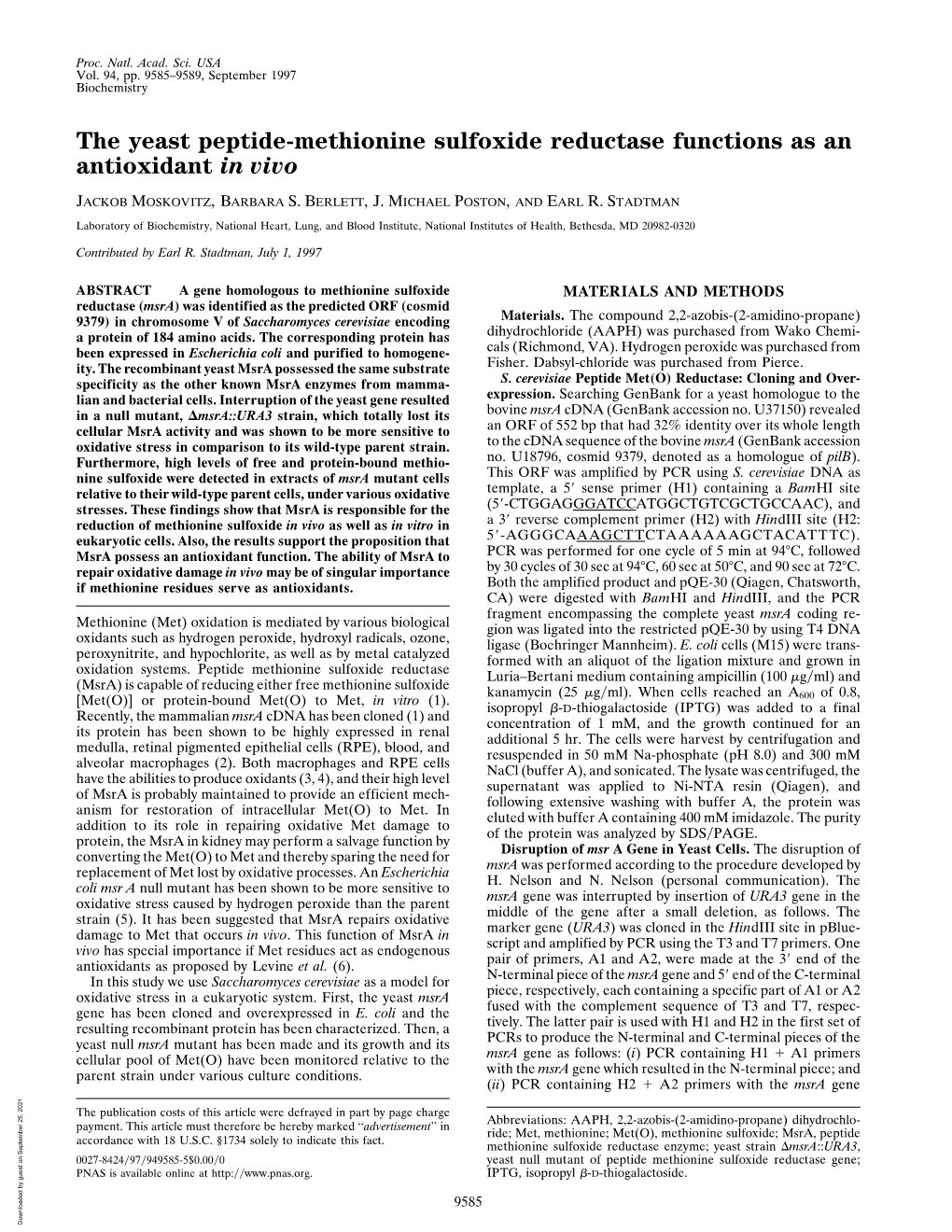 The Yeast Peptide-Methionine Sulfoxide Reductase Functions As an Antioxidant in Vivo