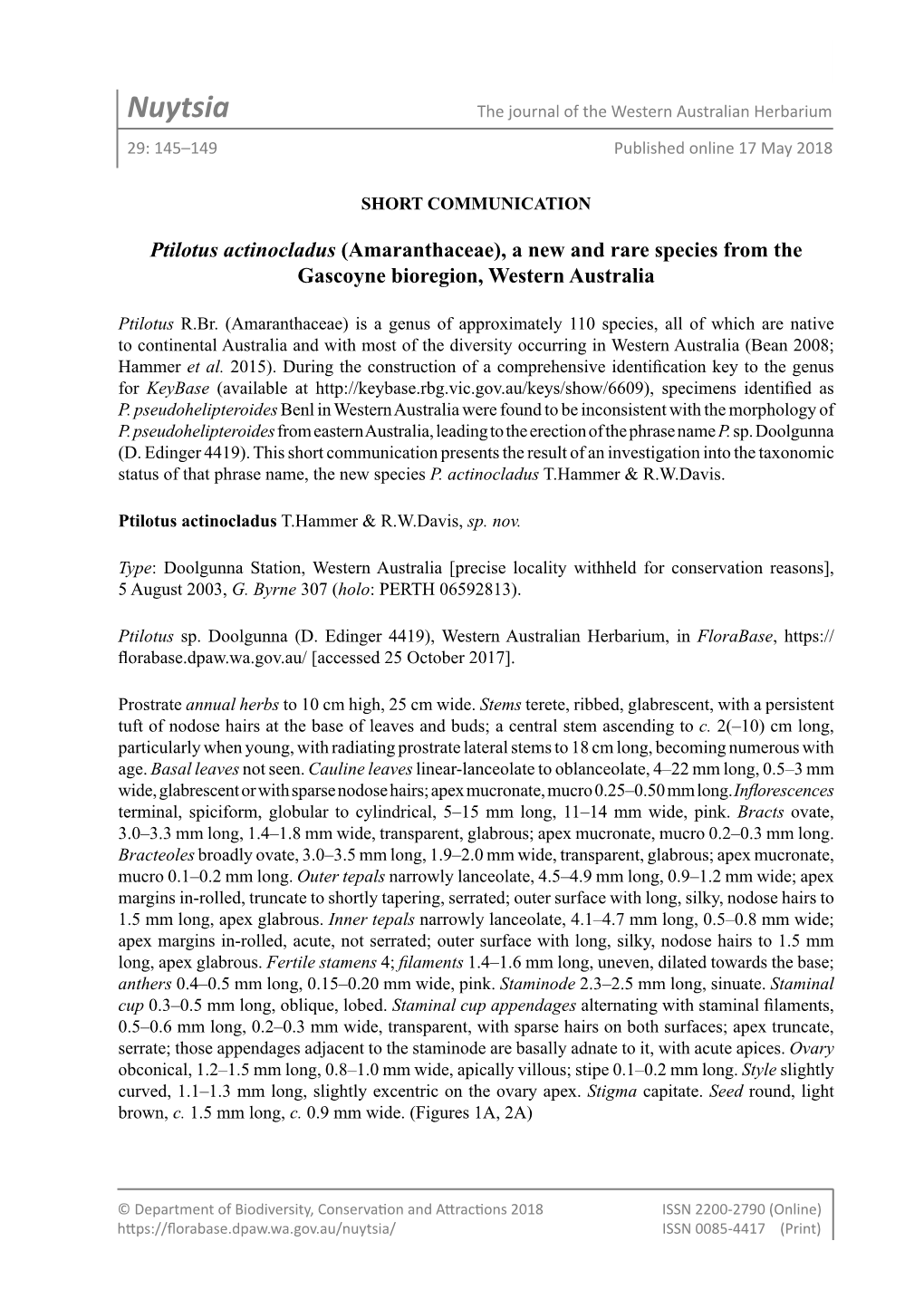 Nuytsia the Journal of the Western Australian Herbarium 29: 145–149 Published Online 17 May 2018