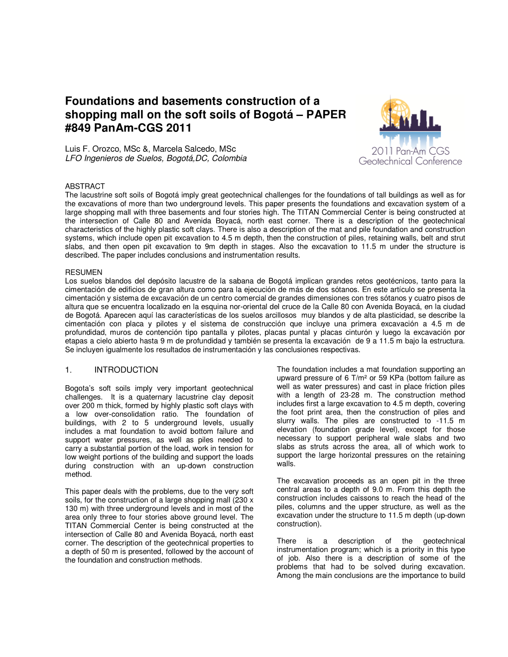 Foundations and Basements Construction of a Shopping Mall on the Soft Soils of Bogotá – PAPER #849 Panam-CGS 2011