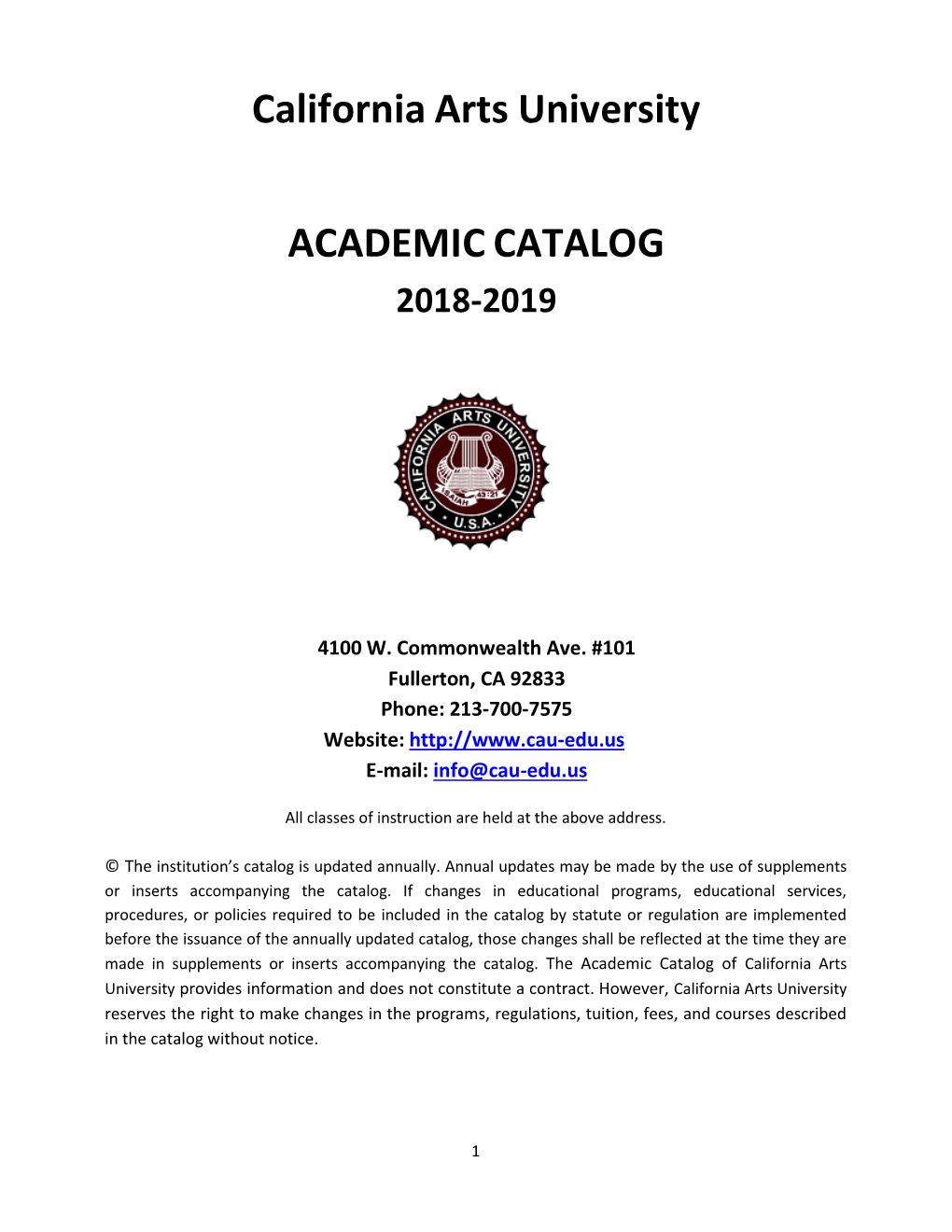 California Arts University ACADEMIC CATALOG