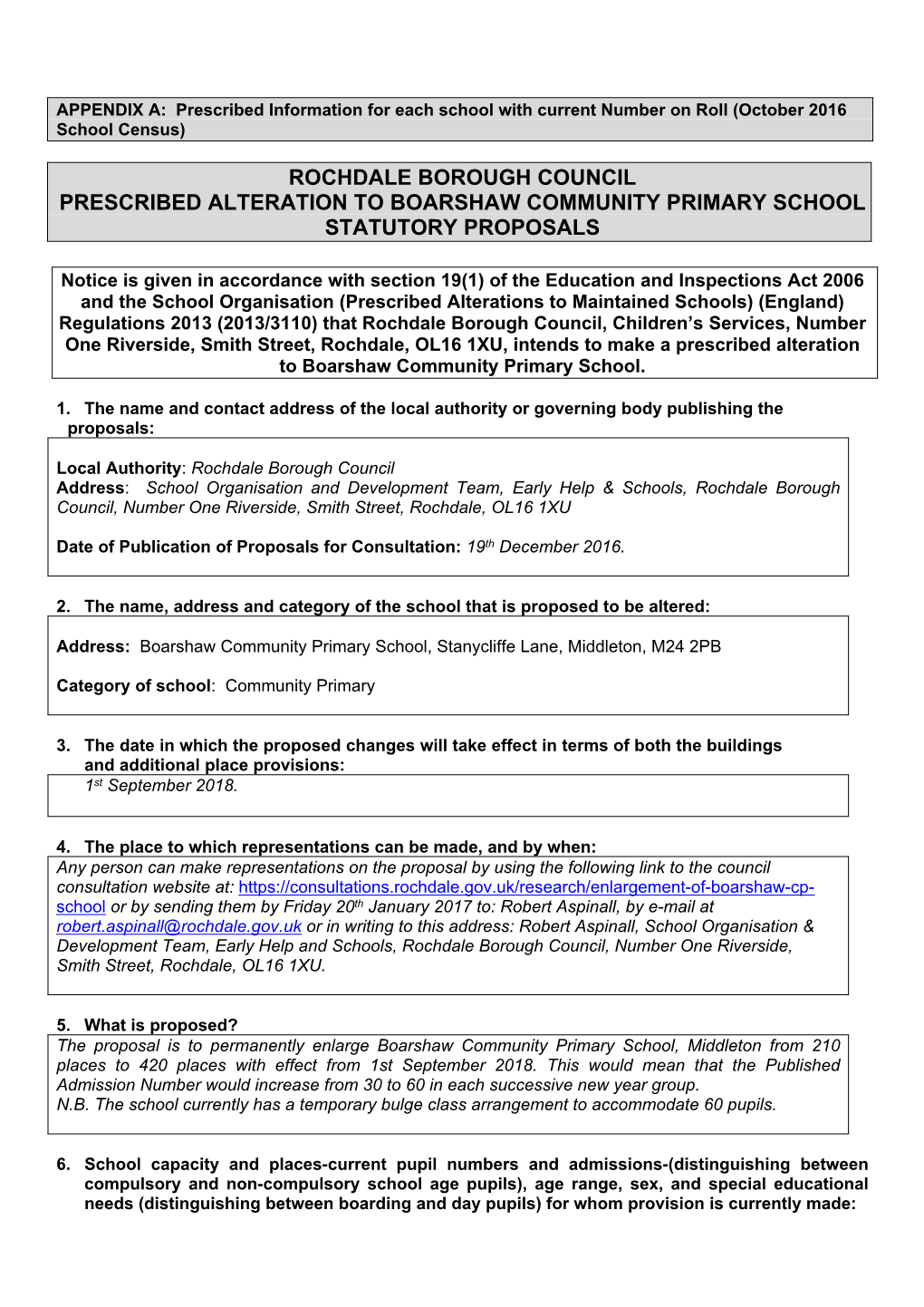 Rochdale Borough Council Prescribed Alteration to Boarshaw Community Primary School Statutory Proposals