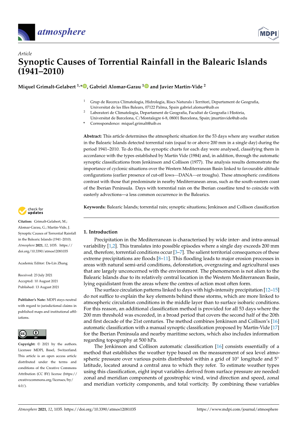 Synoptic Causes of Torrential Rainfall in the Balearic Islands (1941–2010)