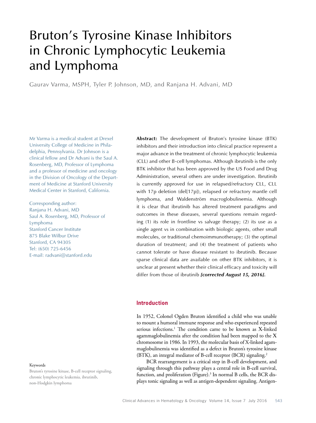 Bruton's Tyrosine Kinase Inhibitors in Chronic Lymphocytic Leukemia And