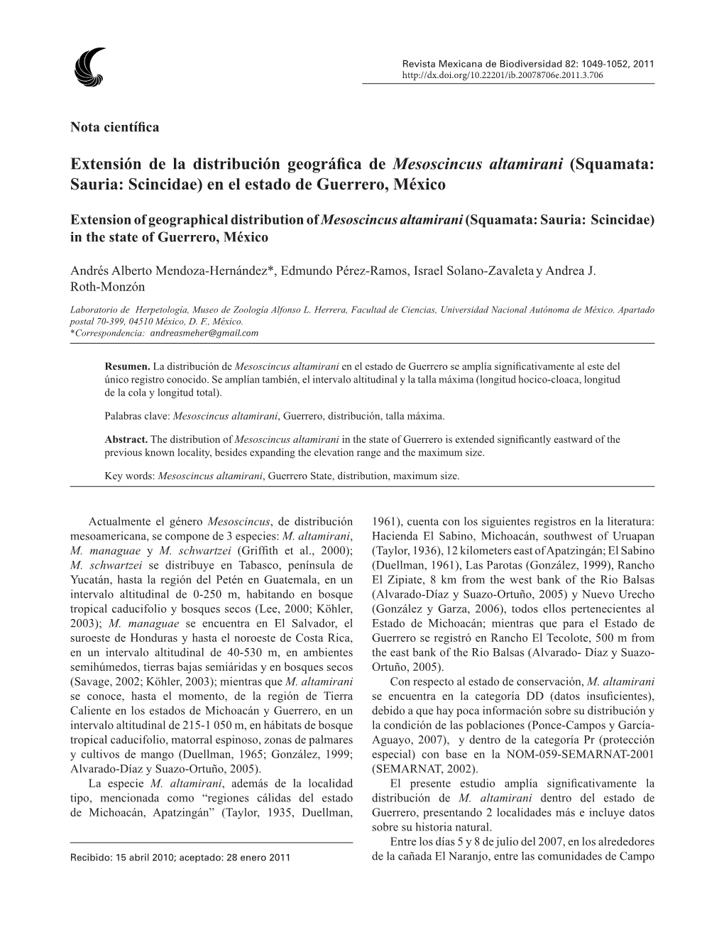 Extensión De La Distribución Geográfica De Mesoscincus Altamirani (Squamata: Sauria: Scincidae) En El Estado De Guerrero, México