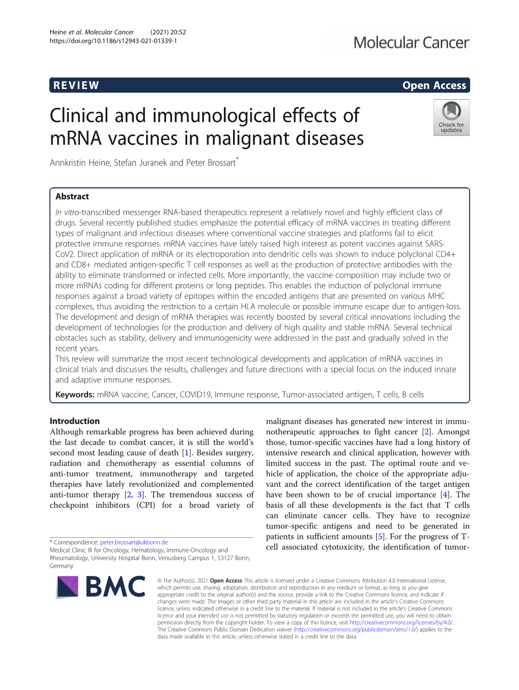 Clinical and Immunological Effects of Mrna Vaccines in Malignant Diseases Annkristin Heine, Stefan Juranek and Peter Brossart*