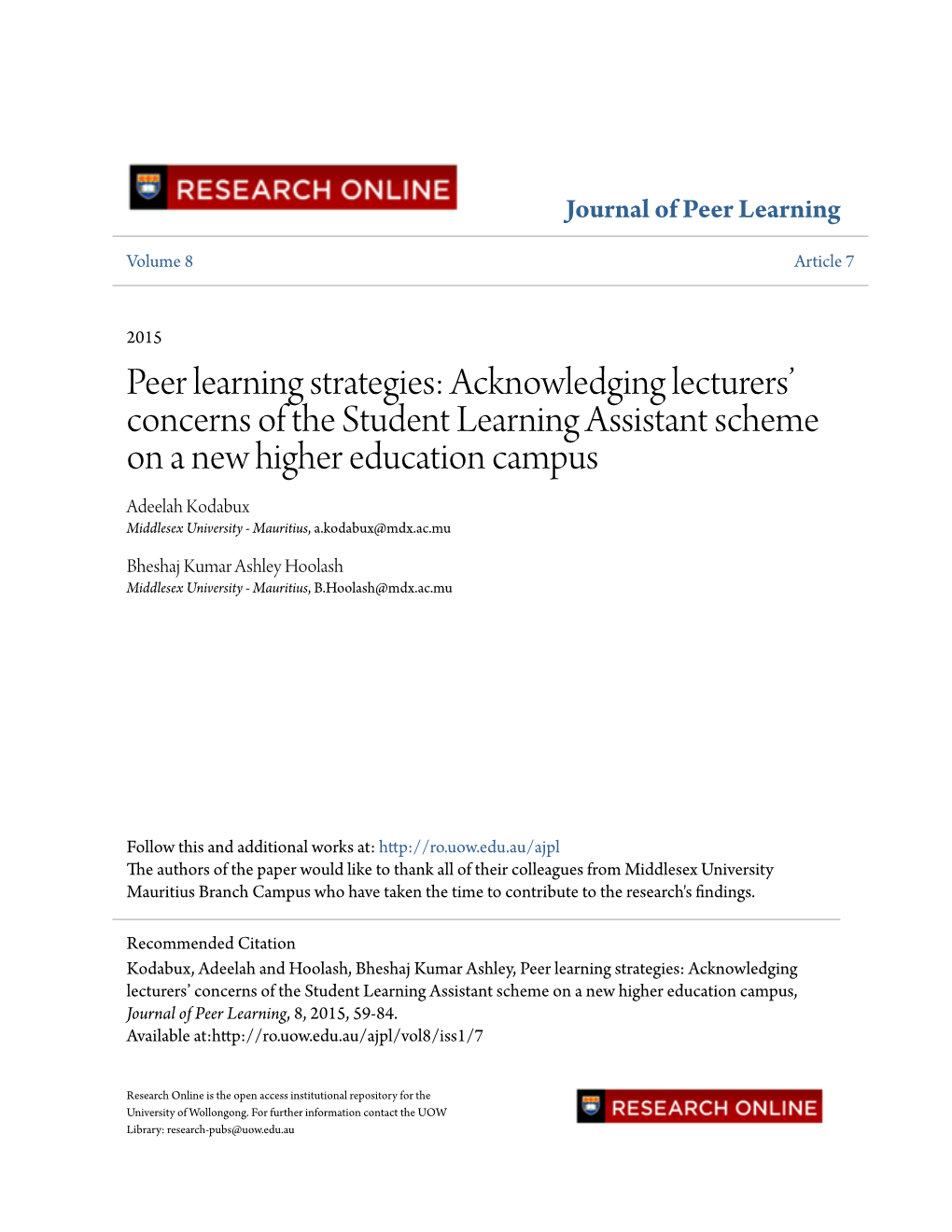 Peer Learning Strategies: Acknowledging Lecturers' Concerns of the Student Learning Assistant Scheme on a New Higher Education