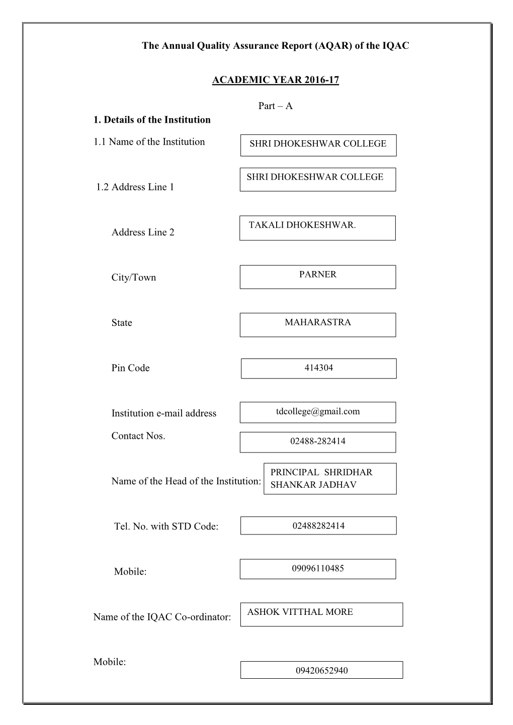 AQAR) of the IQAC