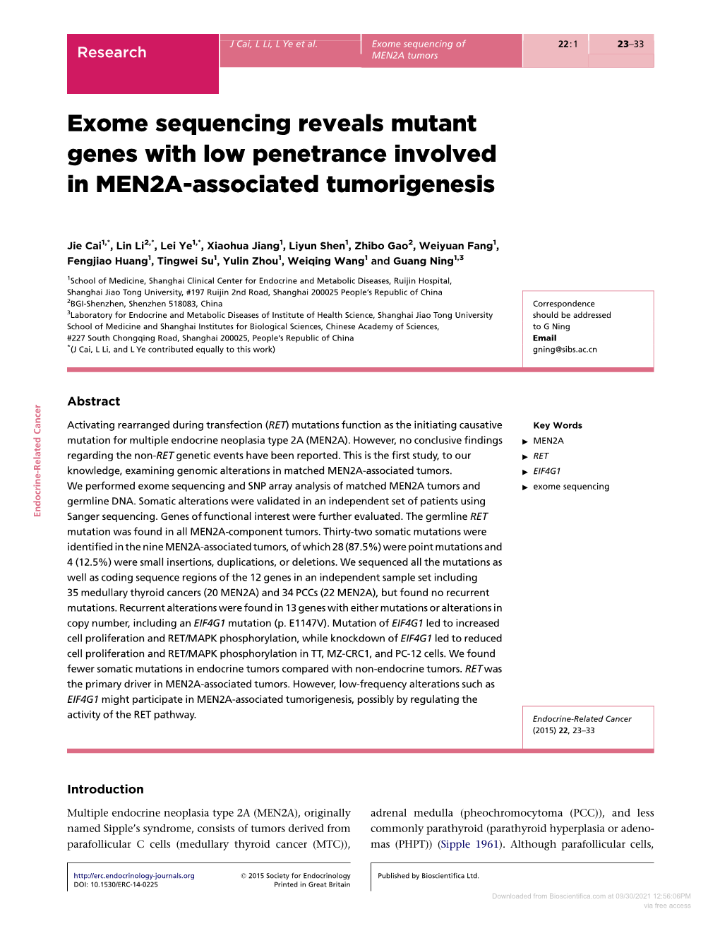 Exome Sequencing Reveals Mutant Genes with Low Penetrance Involved in MEN2A-Associated Tumorigenesis