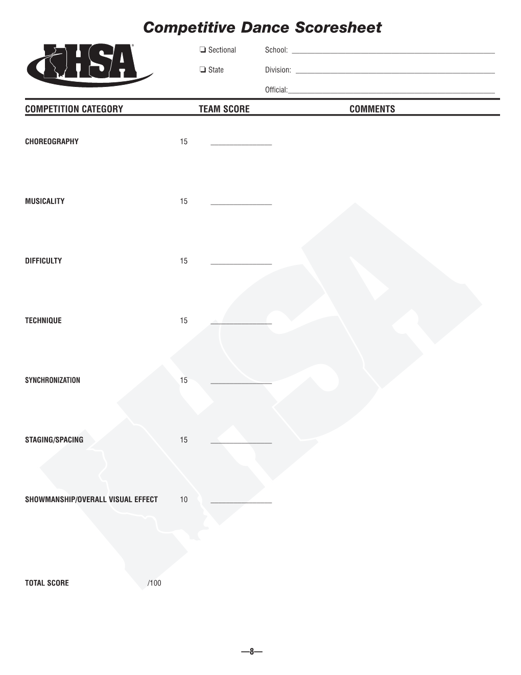 Competitive Dance Scoresheet