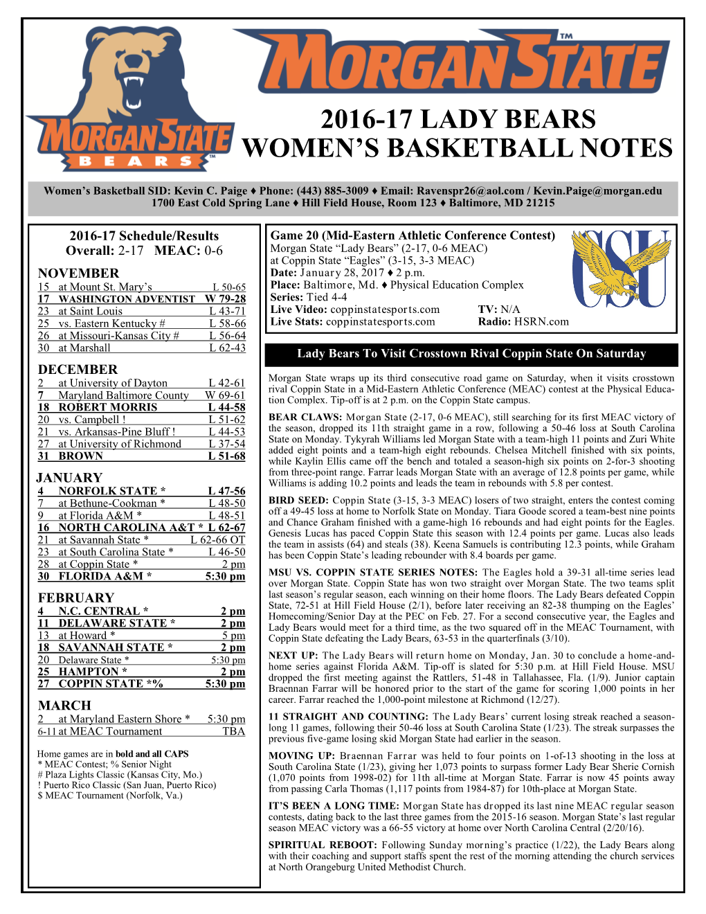 2016-17 Lady Bears Women's Basketball Notes