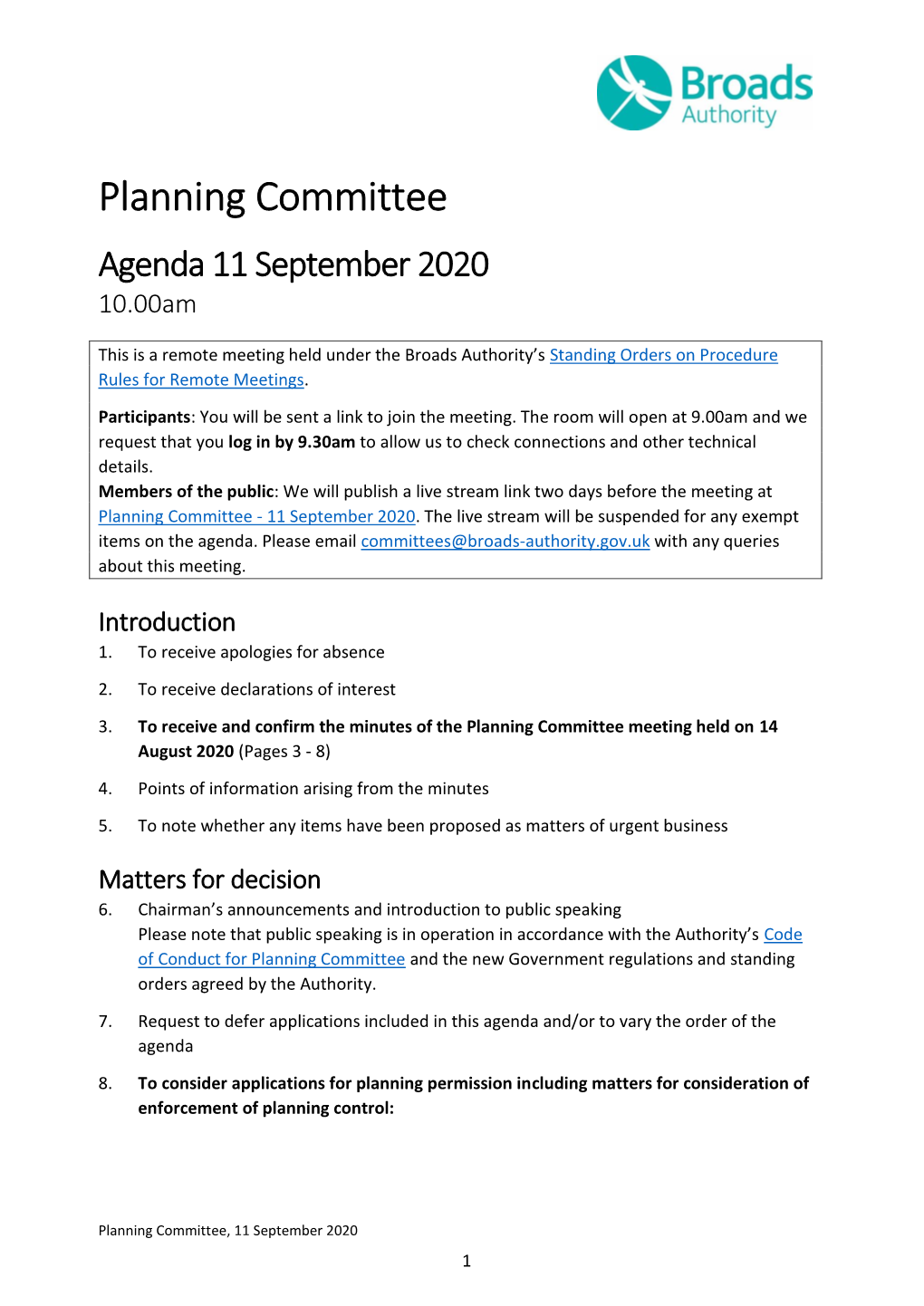 Planning Committee Agenda Papers 11 September 2020