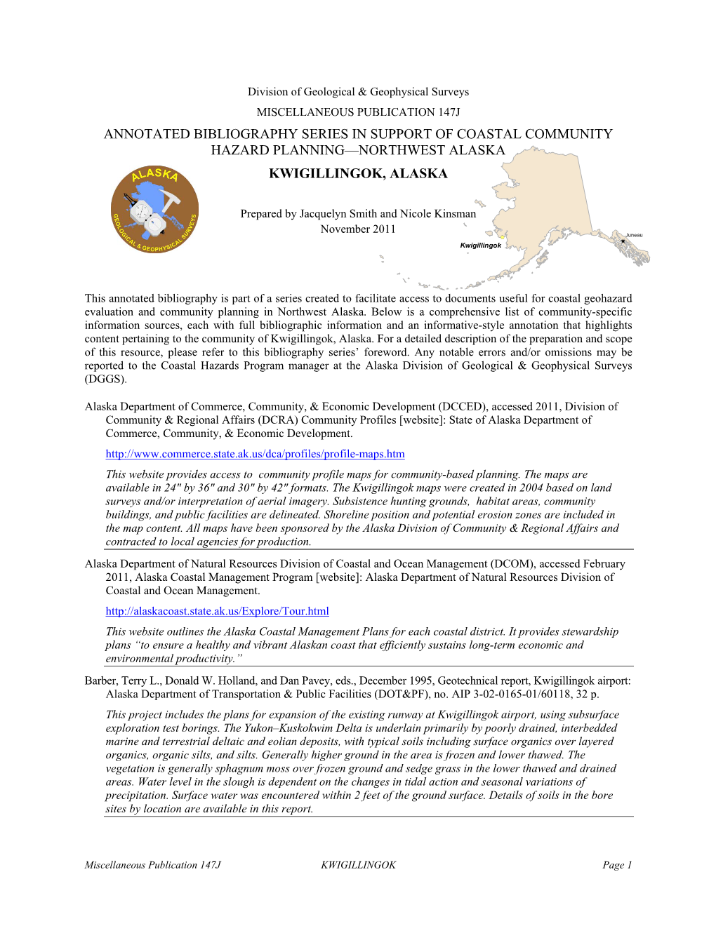 Annotated Bibliography Series in Support of Coastal Community Hazard Planning—Northwest Alaska Kwigillingok, Alaska