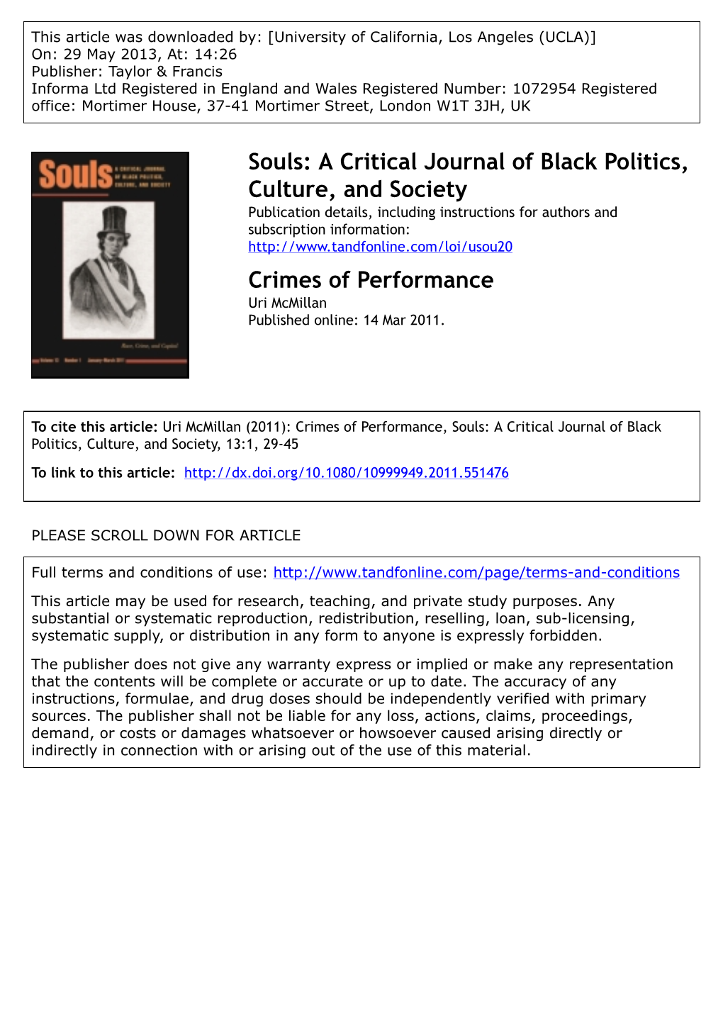 Crimes of Performance Uri Mcmillan Published Online: 14 Mar 2011