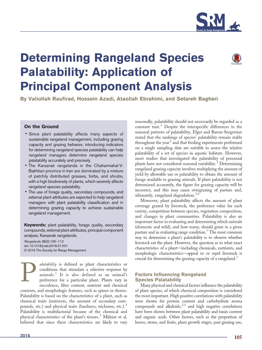 Determining Rangeland Species Palatability: Application of Principal Component Analysis by Valiollah Raufirad, Hossein Azadi, Ataollah Ebrahimi, and Setareh Bagheri