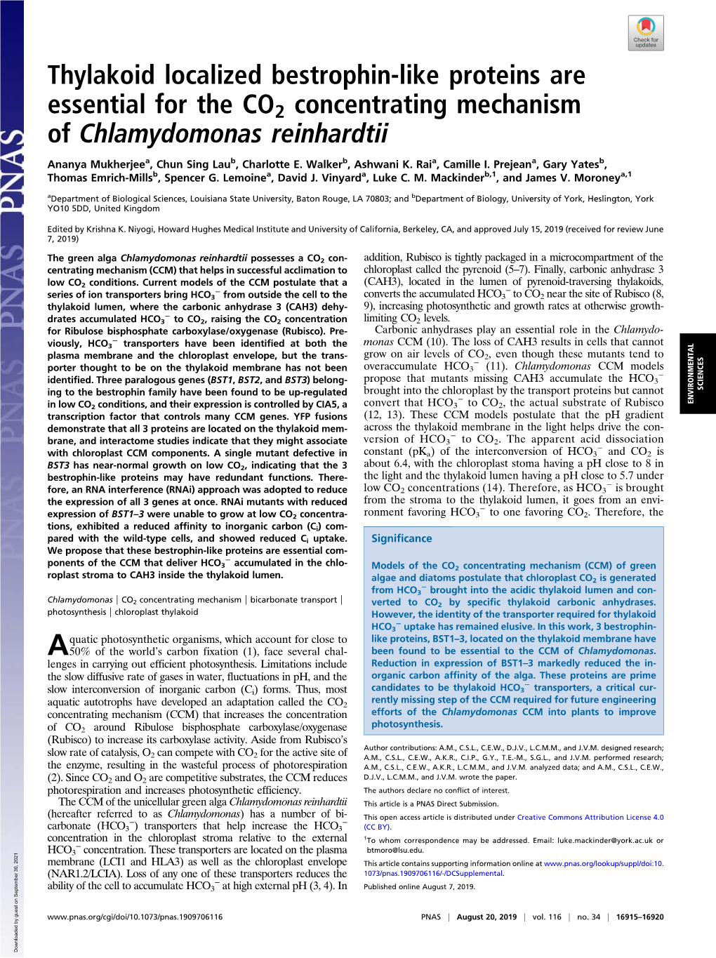 Thylakoid Localized Bestrophin-Like Proteins Are Essential for the CO2 Concentrating Mechanism of Chlamydomonas Reinhardtii