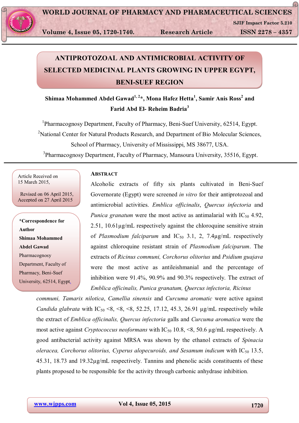 Antiprotozoal and Antimicrobial Activity Of