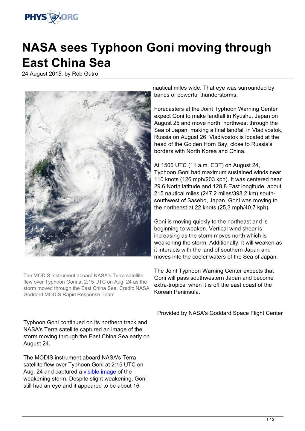 NASA Sees Typhoon Goni Moving Through East China Sea 24 August 2015, by Rob Gutro