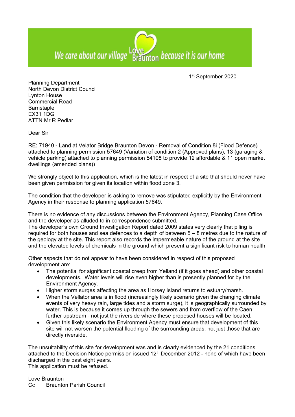 1St September 2020 Planning Department North Devon District Council Lynton House Commercial Road Barnstaple EX31 1DG ATTN Mr R Pedlar